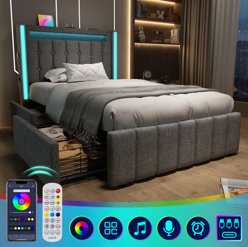 Letto singolo 90x200 cm con LED; USB e USB-C; 2 cassetti in lino grigio