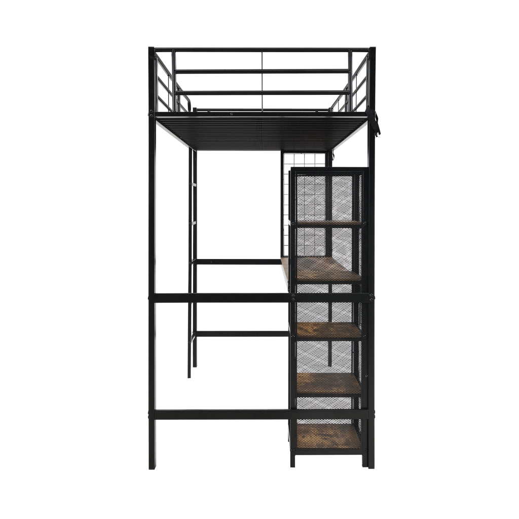 Letto a soppalco 90x200 con scrivania e scaffale a 5 ripiani; metallo e MDF; nero e noce scuro