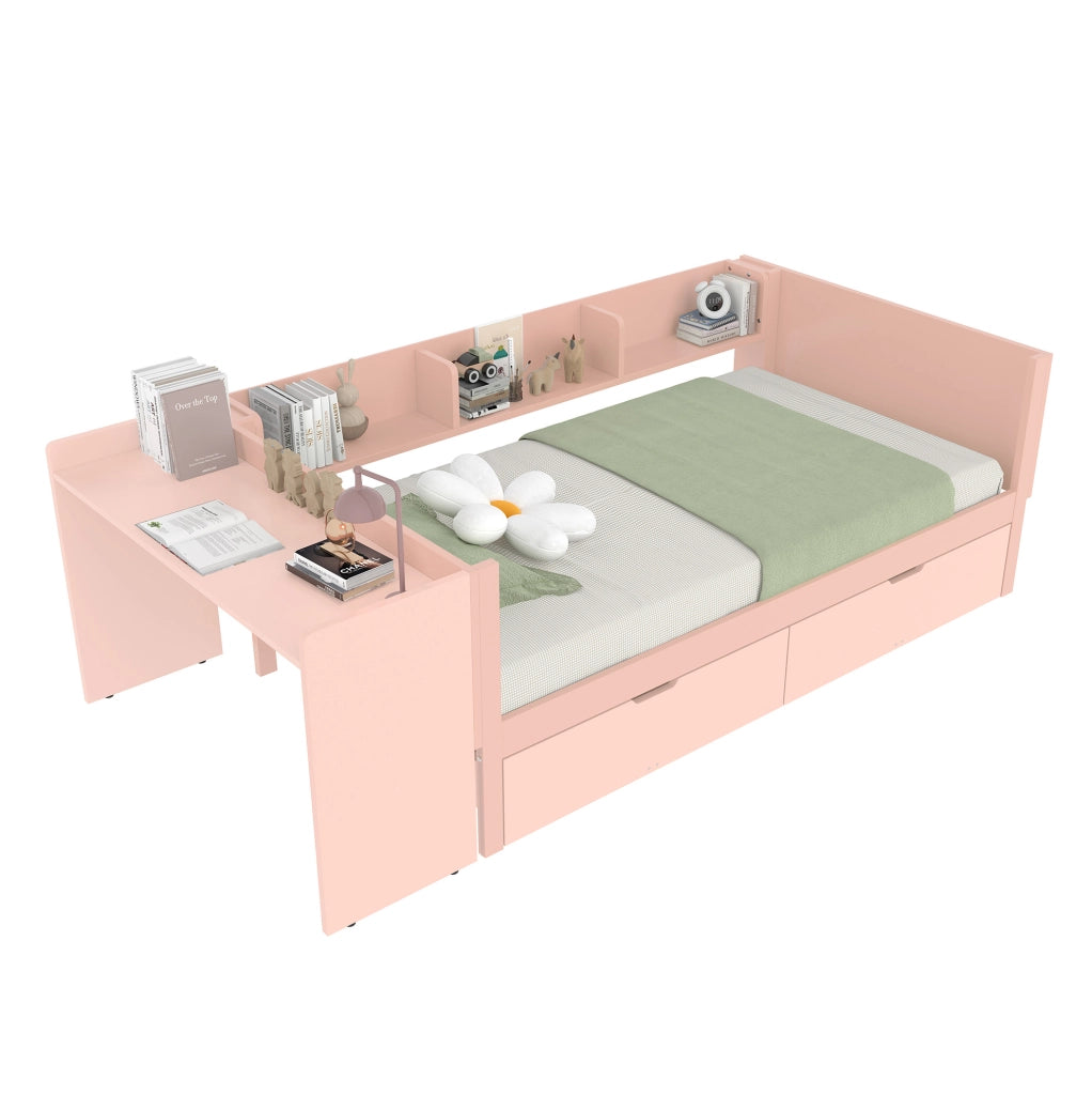 Letto singolo 90x200 cm con scrivania, 2 cassetti e 3 mensole rosa