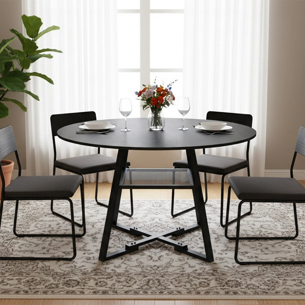 Tavolo per Sala da Pranzo Tondo Nero con Ripiano Portaoggetti 120x120x76cm