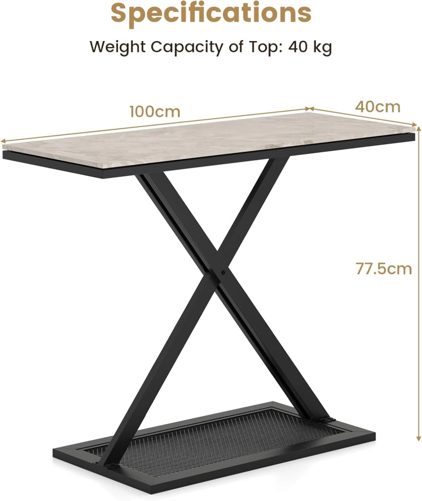 Tavolo consolle con piano in marmo, tavolo stretto con struttura in metallo robusto e piedini antiscivolo, 100 x 40 x 77,5 cm, tavolino per ingresso, soggiorno