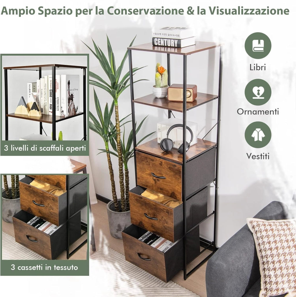 Libreria Multifunzionale, con 3 Ripiani Aperti e 3 Cassetti in Tessuto, con Struttura in Acciaio e Dispositivo Antiribaltamento, Libreria per Soggiorno Studio Camera da Letto, 43x39x156cm