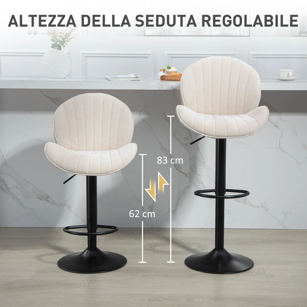 Set 2 Sgabelli da Bar con Schienale a Conchiglia 48x50x94-115 cm in Tessuto Effetto Ciniglia Nero e Beige