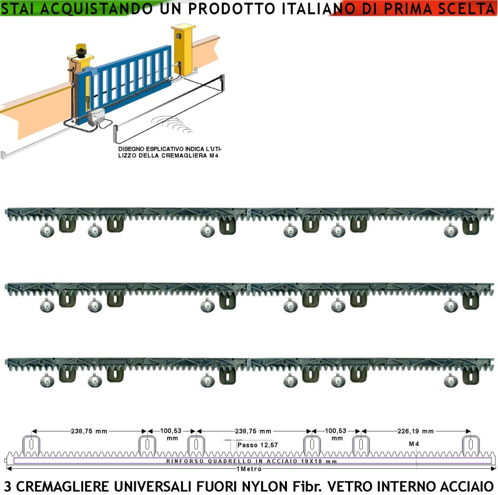 Cremagliera M4 Universale Antiusura Tre Pezzi da 1 Metro in Nylon Fibra Vetro Interno Acciaio Portata 6 Q.li Max 10 Q.li 6 Viti Autofilettanti X Metro Ricambio Cancello Scorrevole Giunture a Incastro