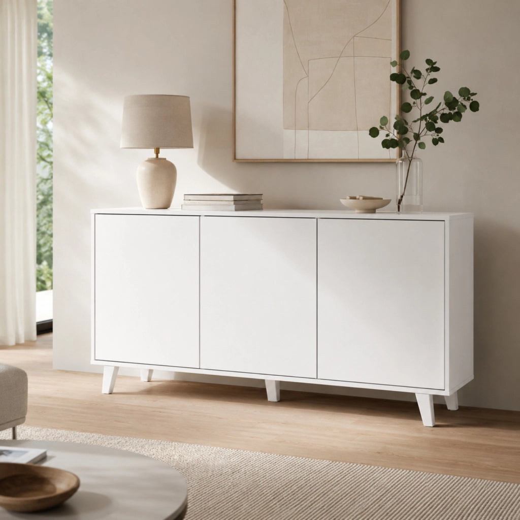 Mobiletto Credenza Moderna Con 3 Ante Senza Maniglie E Piedini Rialzati Per Ingresso Corridoio Soggiorno Salotto Zona Living 154 X 72 X 40 Cm Bianco