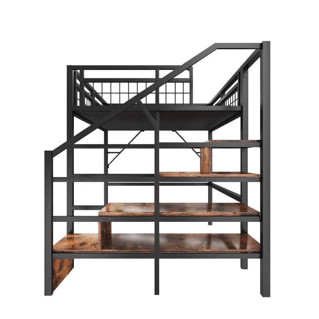 Letto a soppalco 140x200 cm in metallo e MDF con LED e scale contenitore; nero