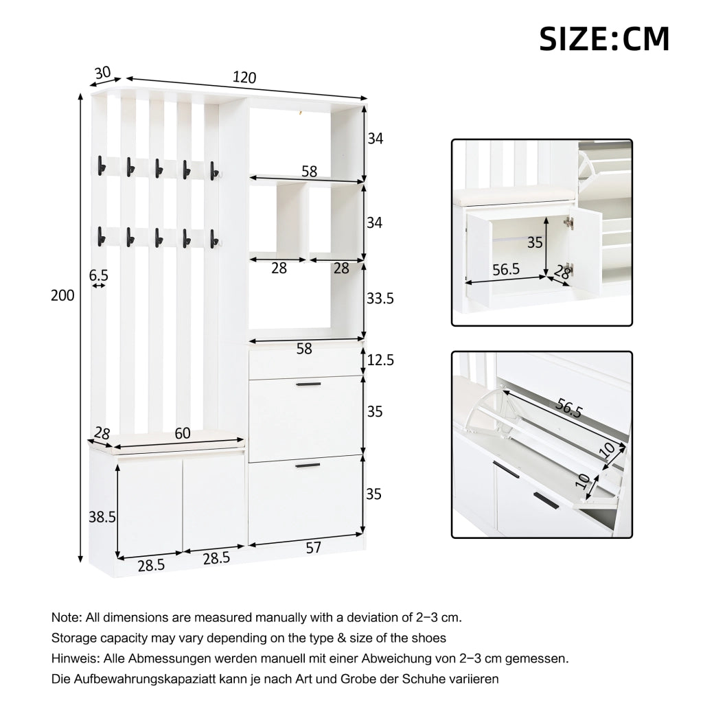 Mobile da ingresso con 2 scarpiere a ribalta, 1 cassetto, 2 ante, 10 ganci e panca imbottita, bianco, 120 × 30 × 200 cm