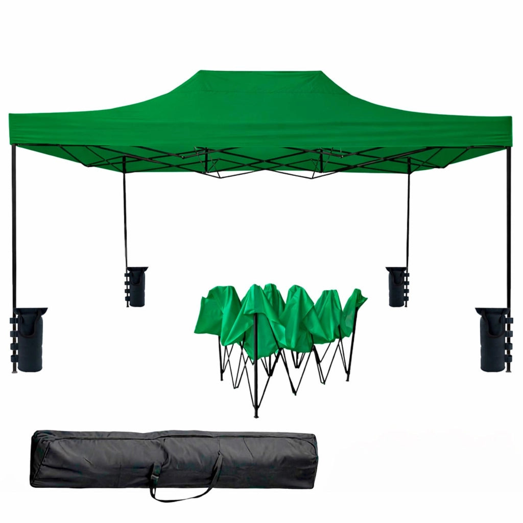 Gazebo Professionale In Acciaio Richiudibile Automatico Con Telo Oxford 1200D PVC Impermeabile E Anti UV Struttura A Fisarmonica Completo Di Sacche Zavorra E Borsa Trasporto Per Sagre Feste Eventi 3x4.5 M Verde