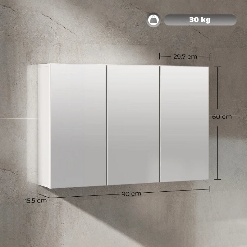 Armadio a specchio da bagno ULEVR 90x15,5x60 cm con 3 ante specchiate e 5 ripiani, bianco