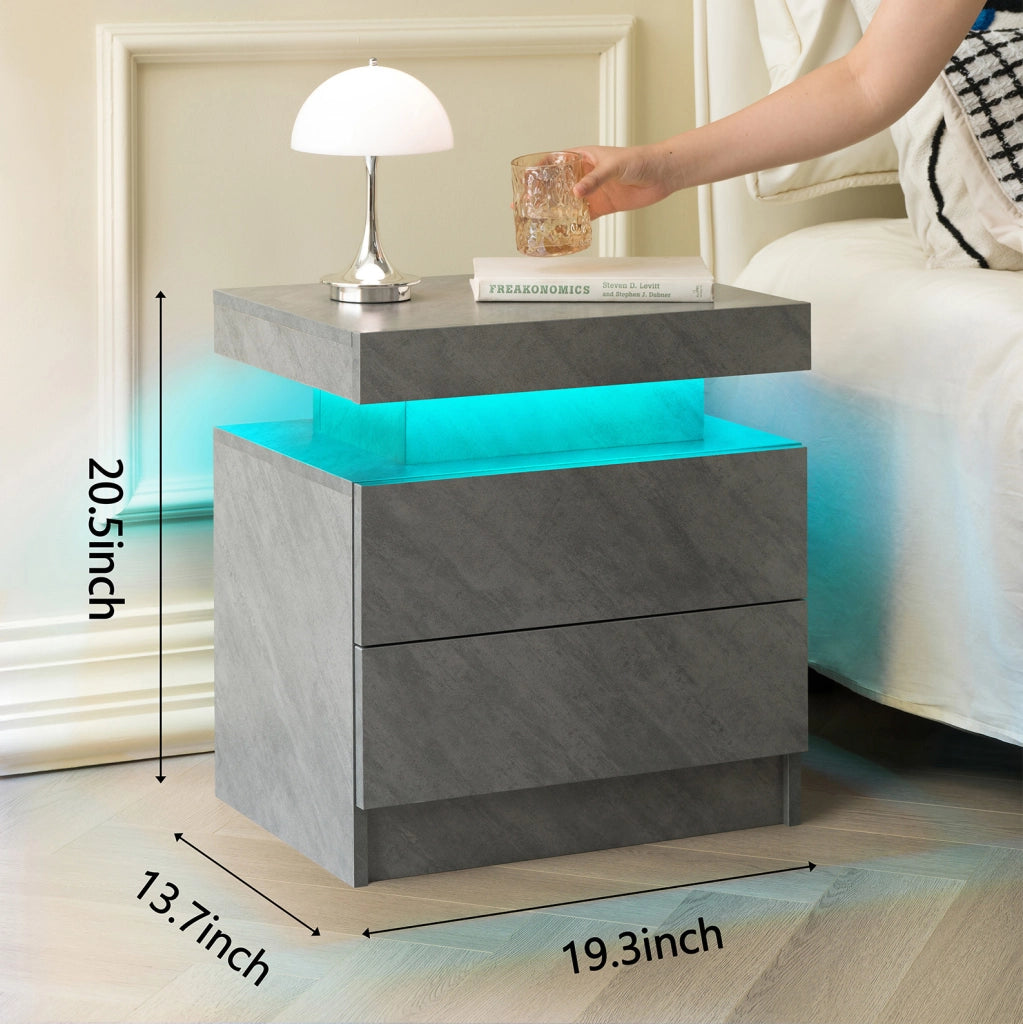 Comodino Moderno con Luce LED Regolabile e 2 Cassetti, Colore Grigio Scuro