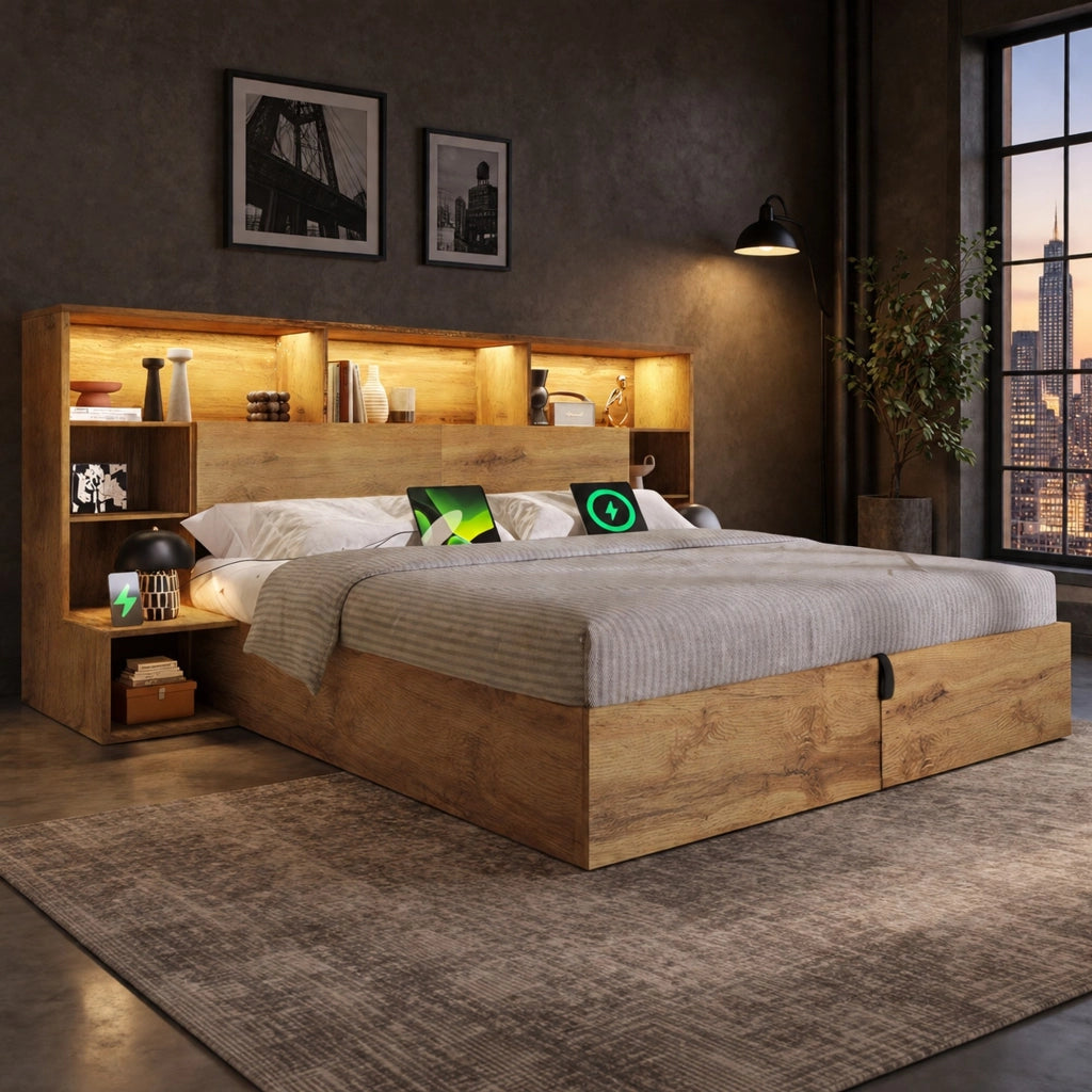 Letto matrimoniale 160x200 cm rovere con LED e USB-C