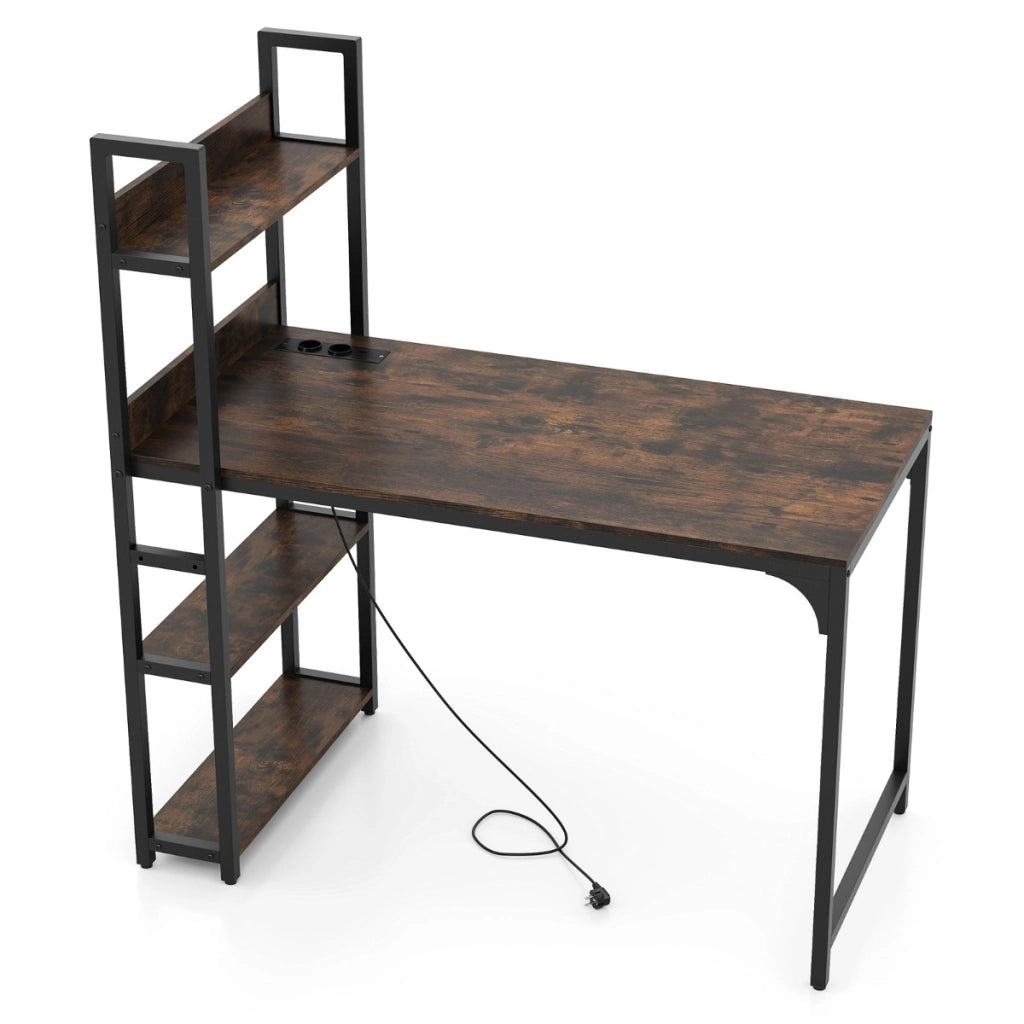 Scrivania per computer con ciabatta elettrica e 2 porte USB, Scrivania studio da 120 CM con mensola uscite AC  Rustico & Nero-Tavolini per laptop