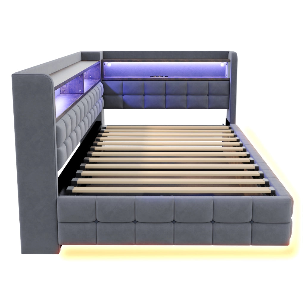 Letto contenitore singolo 90×200 cm con LED; USB e Type-C; ripiani e vano idraulico; senza materasso; grigio chiaro