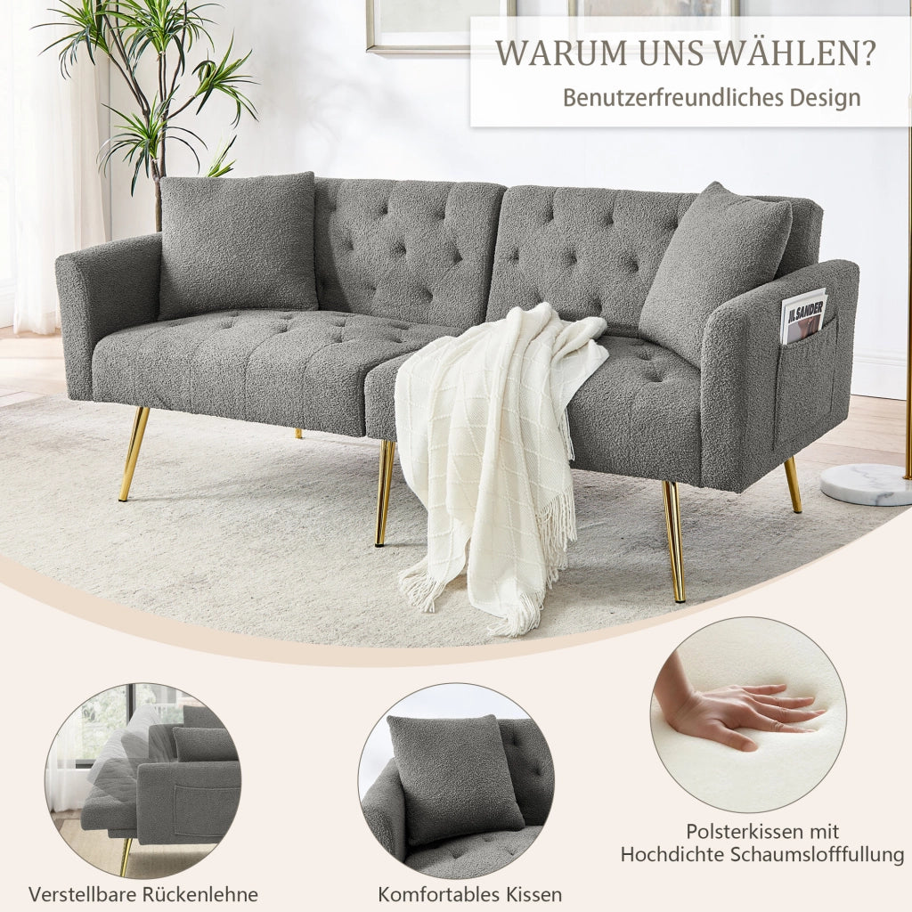 Divano a 2 posti con schienale regolabile a 3 livelli e 2 cuscini; in tessuto teddy grigio