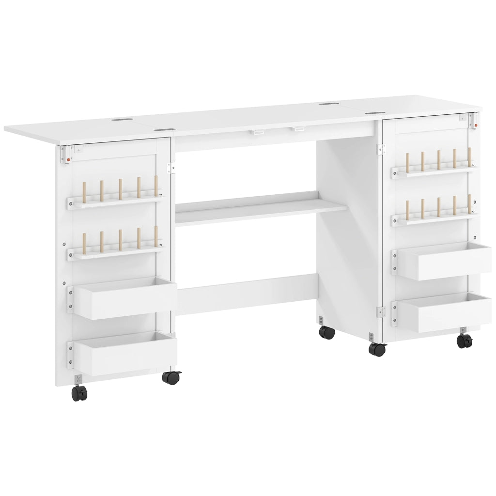 Tavolo da Cucito Pieghevole per Macchina da Cucire con Ripiani 20 Pioli Ruote con Blocco Bianco