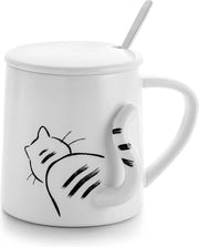 Tazza per gatto, tazza per caffè con coperchio e cucchiaio, ceramica bianca con motivo di gatto carino, coda 3D, regalo per gli amanti dei gatti, proprietario di gatto, collega, amica, bambini, compleanno