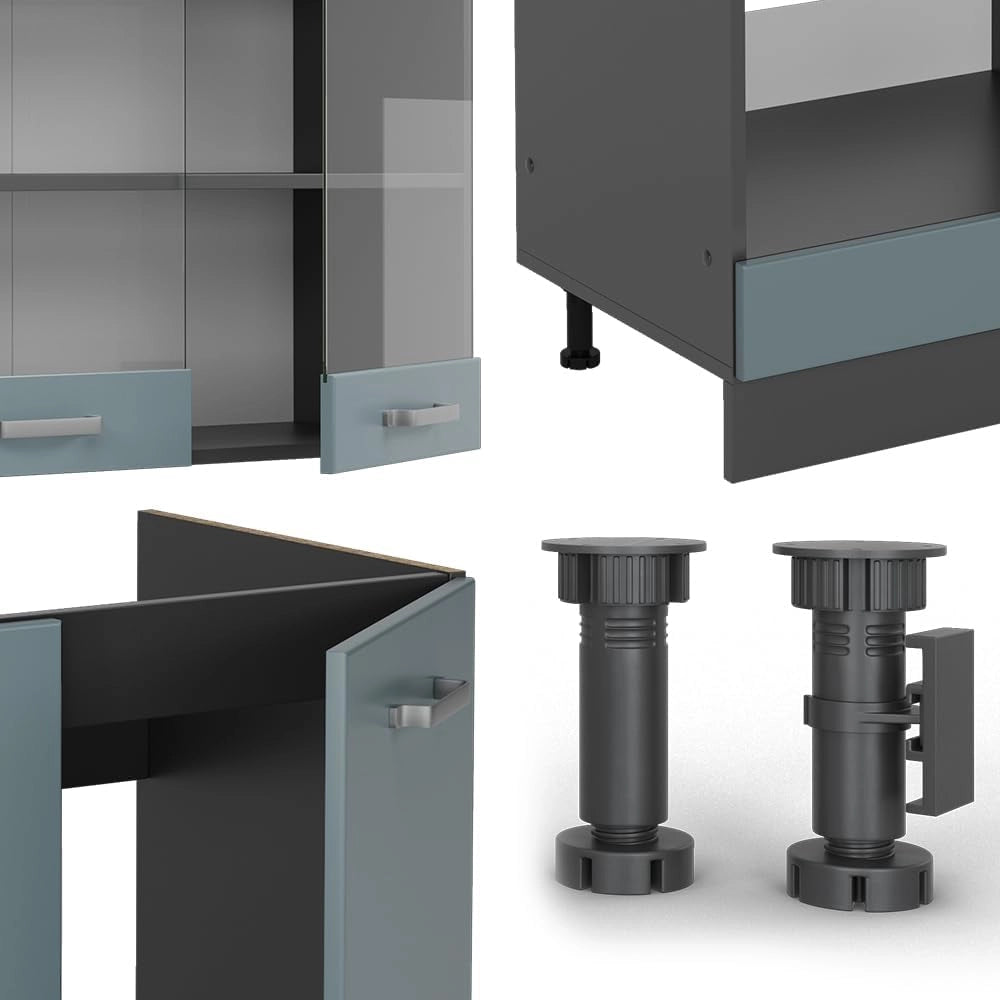 Cucina angolare completa R-Line, Blu-grigio/antracite, 287 x 60 cm, PL Rovere, per l'espansione personalizzata con moduli aggiuntivi compatibili