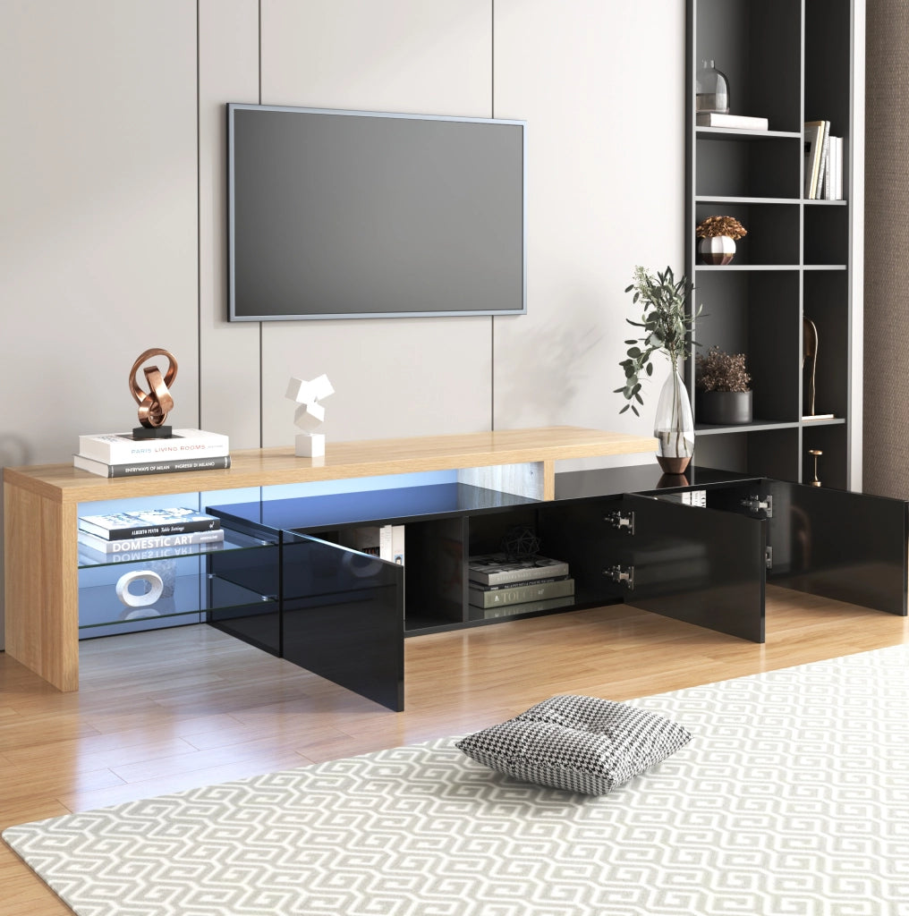 Mobile TV 197;5 cm in MDF e vetro; 3 scomparti; LED a 7 colori con app; nero e legno
