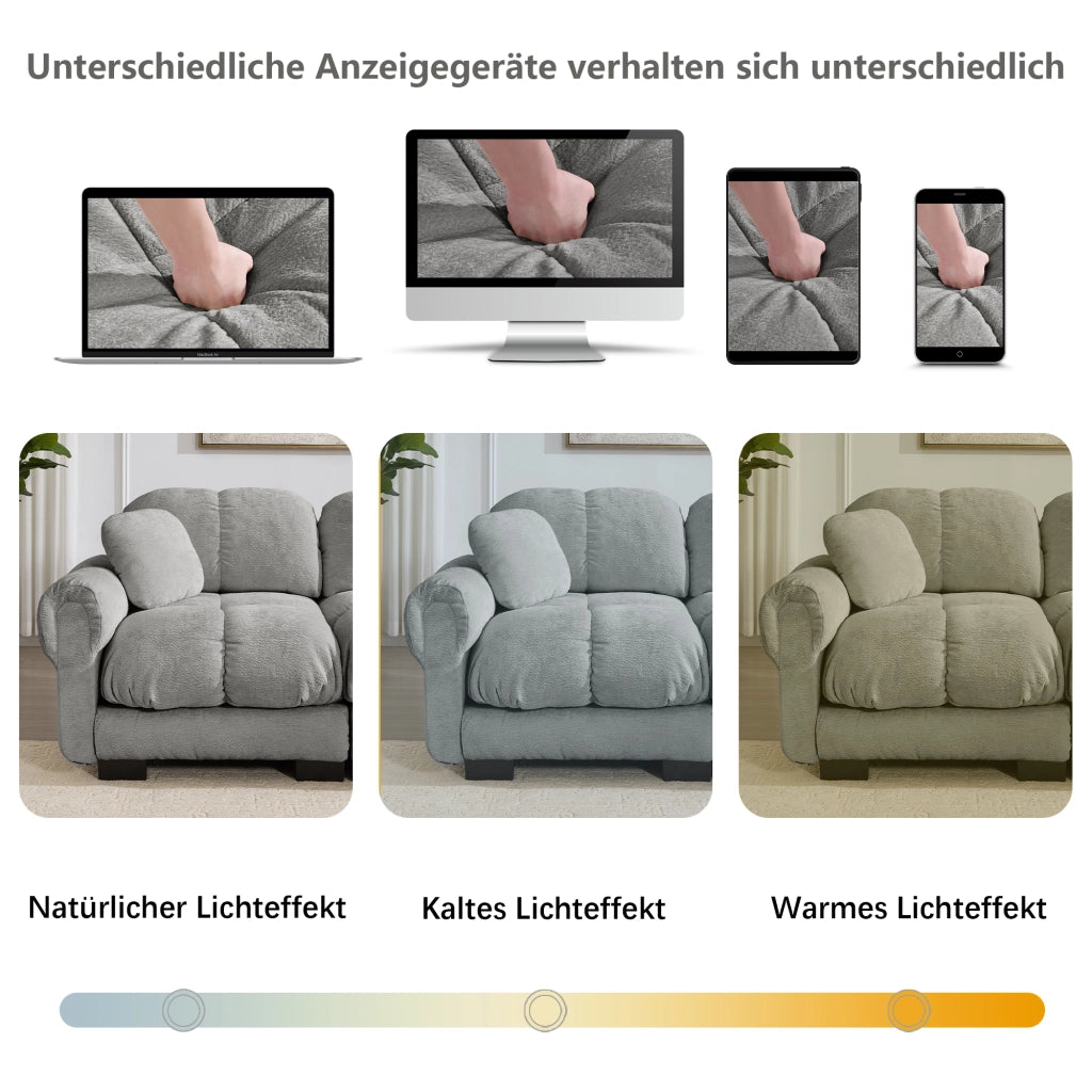 Divano modulare a 2 posti in ciniglia con cuscini trapuntati e schienale ergonomico, per soggiorno, grigio chiaro
