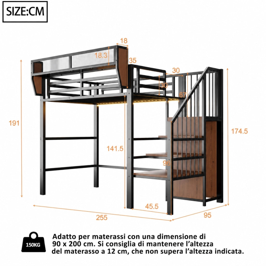 Letto a soppalco 90 per 200 cm con scala di sicurezza e striscia LED, metallo e MDF, nero