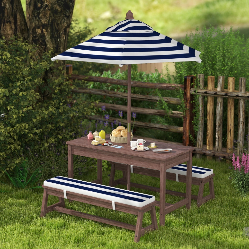Set Tavolo e Panche da Giardino per Bambini in Legno di Abete con Ombrellone 120 cm e Cuscini a Righe Bianco e Blu Navy Robusto