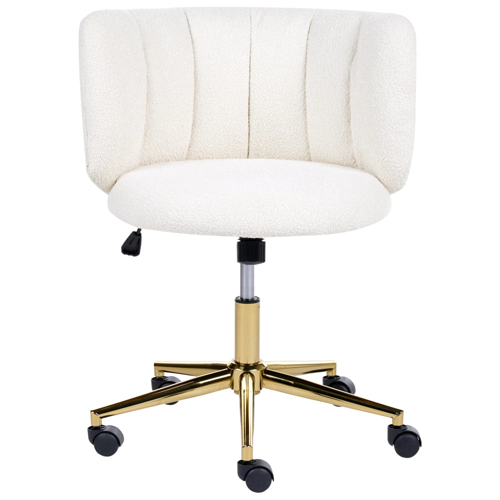 Sedia da scrivania per l'ufficio domestico in bouclè bianco con base girevole in ferro, schienale reclinabile, regolazione in altezza, stile retrò