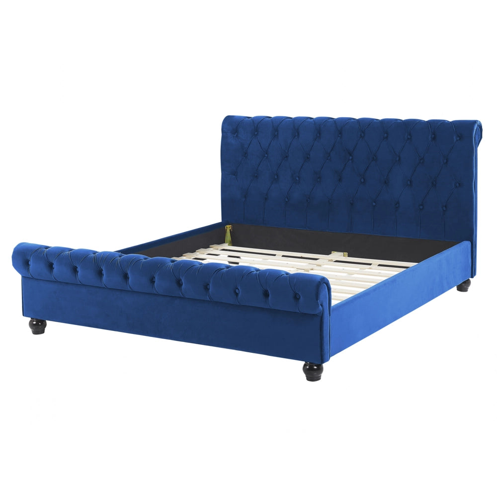 Letto Rivestimento in velluto blu Gambe in legno Nero 160 x 200 cm capitonnè Glam