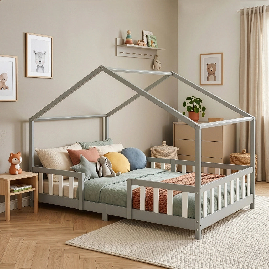 Letto per Cameretta Treviolo a Forma di Casetta in Stile Montessori con Materasso 120x200 cm - Grigio Chiaro/Bianco [en.casa]