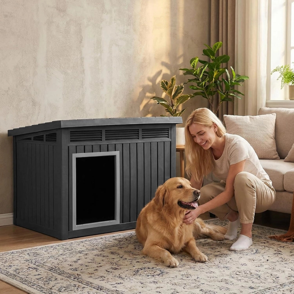 Cuccia per Cani, Cassetta per Animali Domestici in PP con Tetto Inclinato Apribile, Finestre Ventilate a Lamelle e Soglia Rialzata, Cuccia da Interna ed Esterna, 81 x 64 x 61 cm