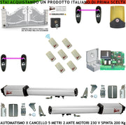 ApriCancello 5 Metri 2 Ante da 2,5 MT Kit 2 Motori Elettromeccanici 230 V Corsa 400 mm Spinta 2 Q.li Bulloni Staffe Sette Radiocomandi 2 Coppie Fotocellule Faro 2 Chiavi Sblocco Cartello Monitore