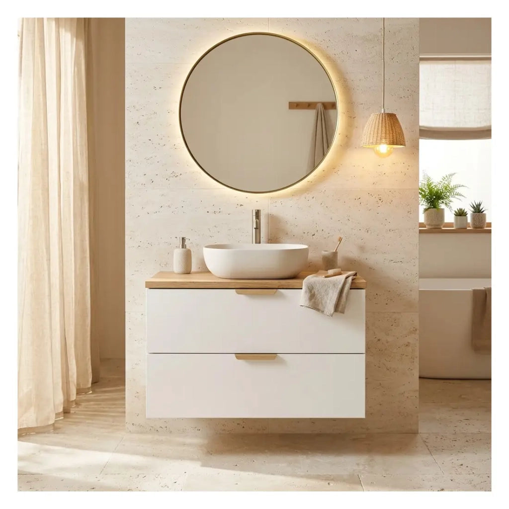Set da bagno sospeso OSTER 80cm: mobile sotto lavabo con cassetti bianchi + piano per lavabo effetto rovere chiaro