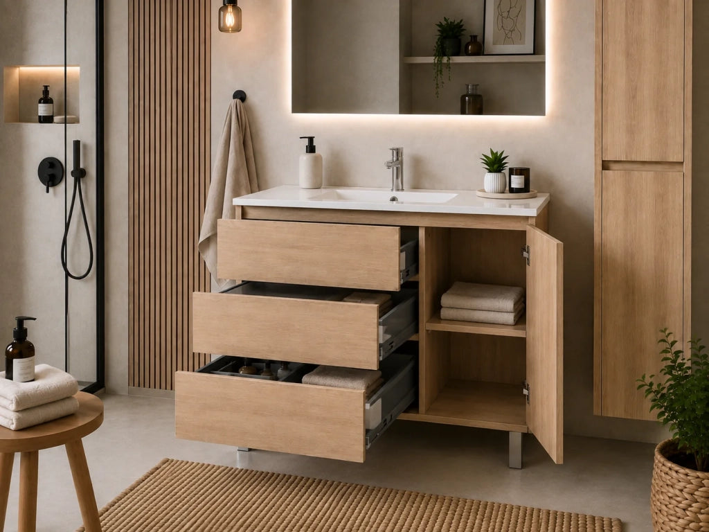 Set mobile bagno VOLUM 120x45 cm Estepa con lavabo, specchio LED, colonna 140 cm e rubinetto