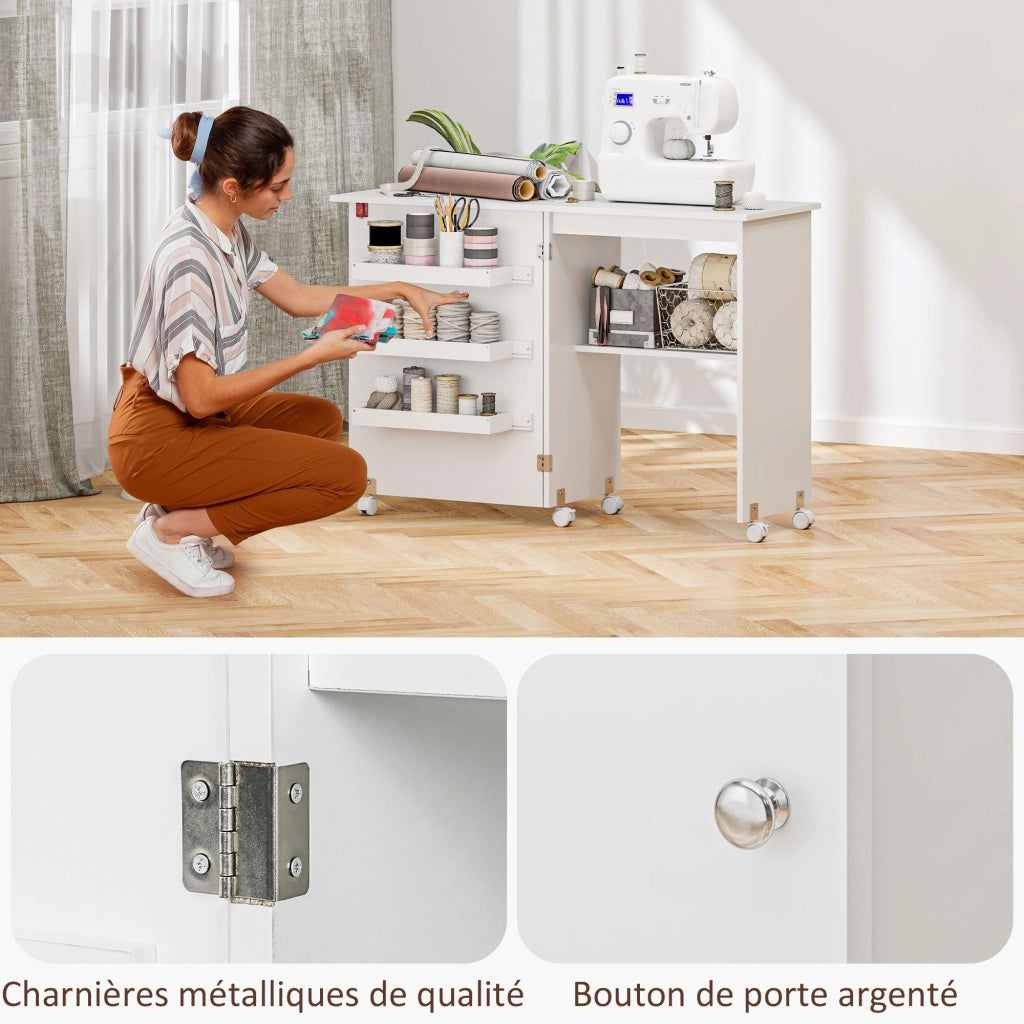 Tavolo da cucito pieghevole con ripiani e ruote ¨C zephmum ¨C bianco 90x60x75