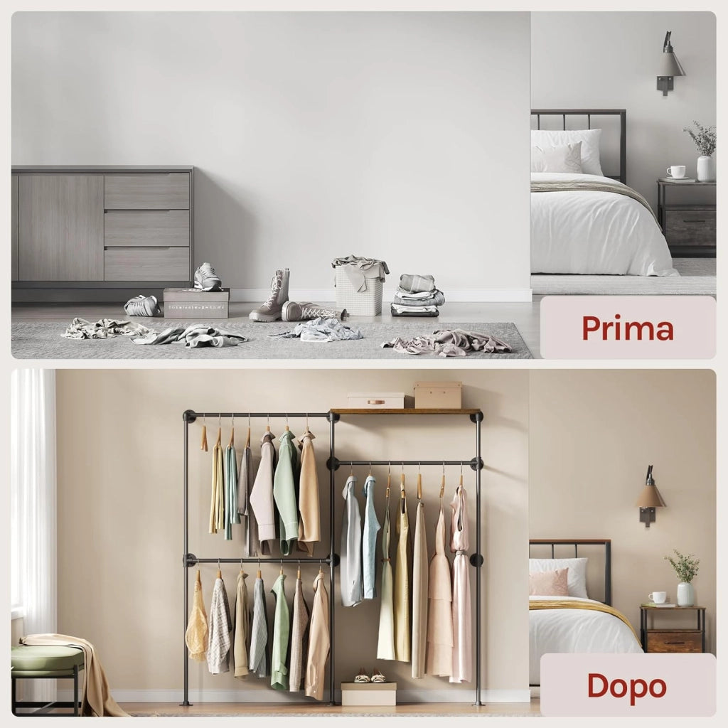Attaccapanni a Muro, Appendiabiti da Parete, con Mensola Superiore e 3 Barre, per Soggiorno, Camera da Letto, Nero + Marrone Vintage