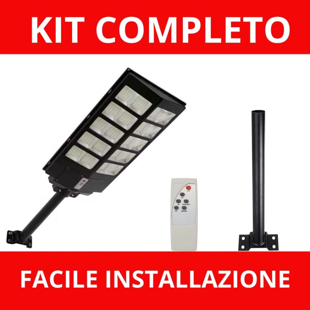 Lampione LED solare con batteria 18000mAh, doppia modalità luce, pannello solare, telecomando e staffa da 50cm. Autonomia prolungata e installazione facile.