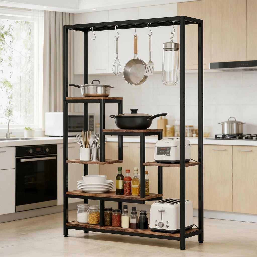 PORTAFIORI a 7 ripiani in metallo e legno Nero/Marrone rustico