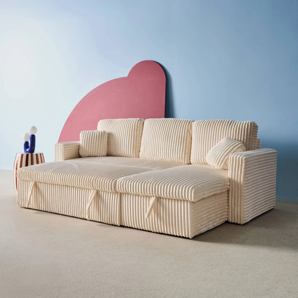 Divano letto reversibile effetto pelliccia a coste, 3 posti, crema