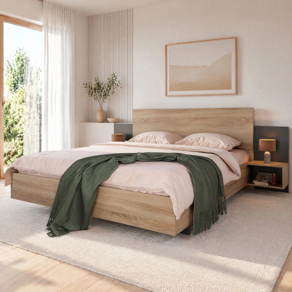 Letto matrimoniale 160x200 cm in legno massiccio con 2 comodini integrati; sonoma e grigio scuro