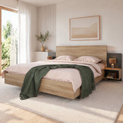 Letto matrimoniale 160x200 cm in legno massiccio con 2 comodini integrati; sonoma e grigio scuro