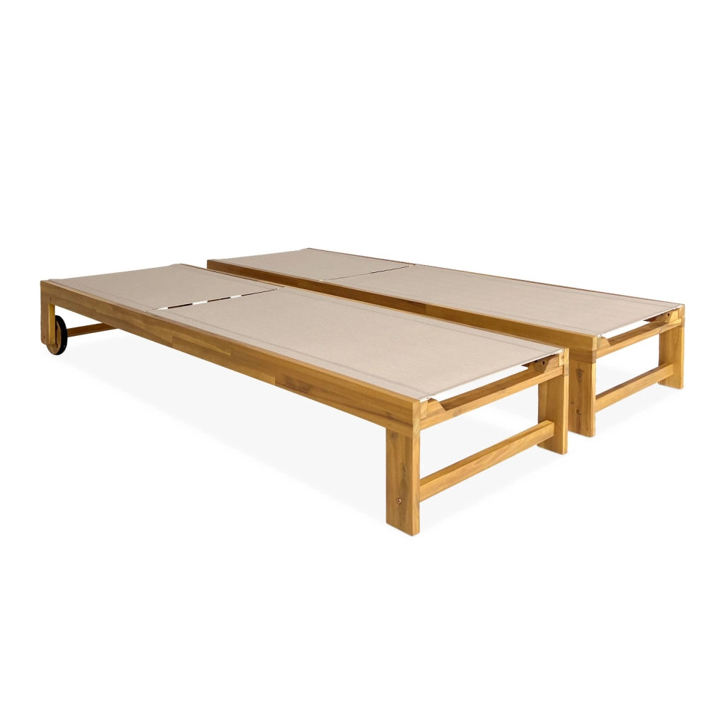Set 2 lettini prendisole in legno multiposizione con ruote, beige