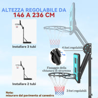 Canestro Basket da Esterno Regolabile 146-236 cm con Ruote e Base Riempibile Nero