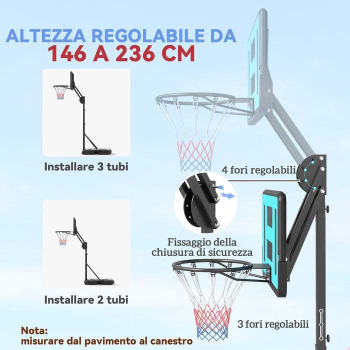 Canestro Basket da Esterno Regolabile 146-236 cm con Ruote e Base Riempibile Nero