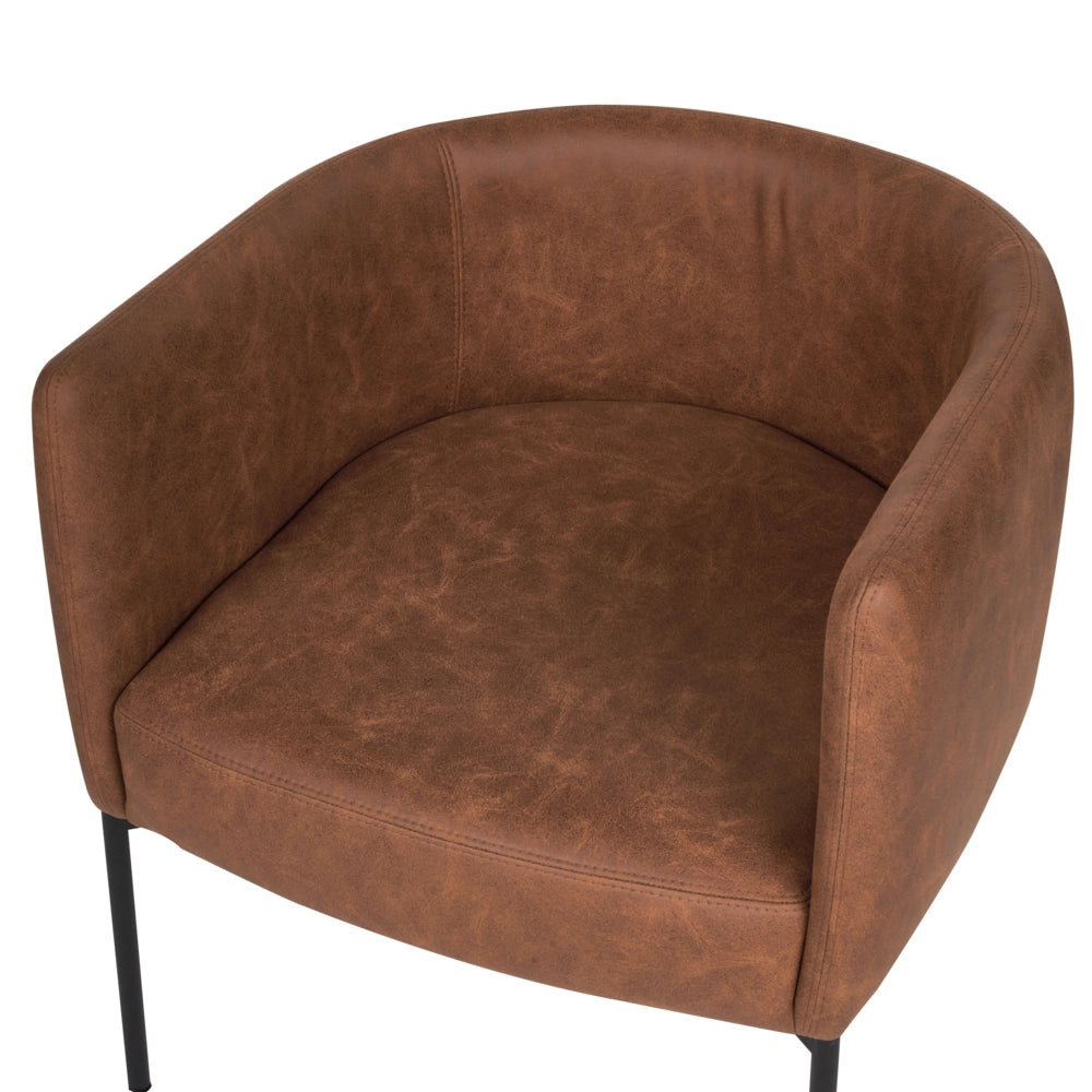 Poltrona in ecopelle marrone con cuscino gambe in ferro nero stile retrò elegante