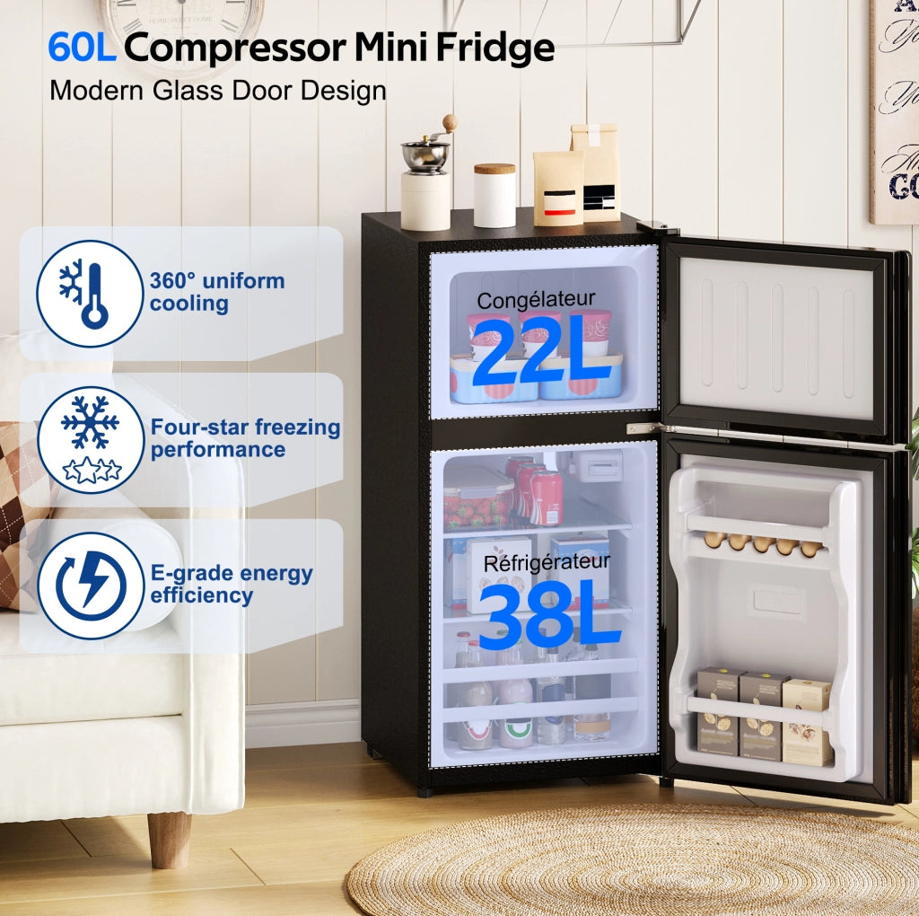Frigorifero compatto 60 L con congelatore 22 L; porta in vetro e LED; nero