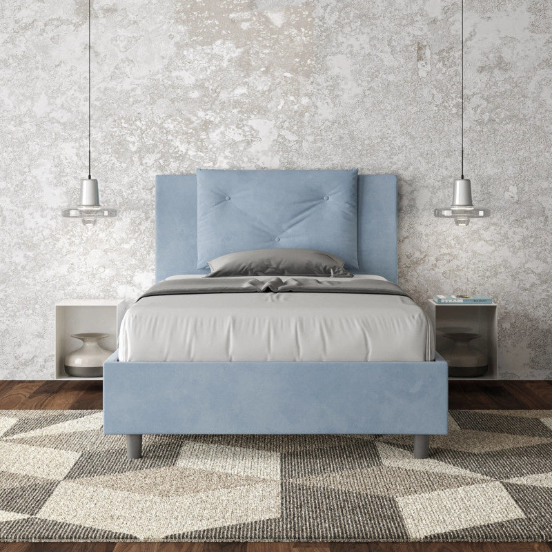Letto imbottito Piazza e mezzo 110x200 cm Appia - Con rete,Microfibra,Azzurro