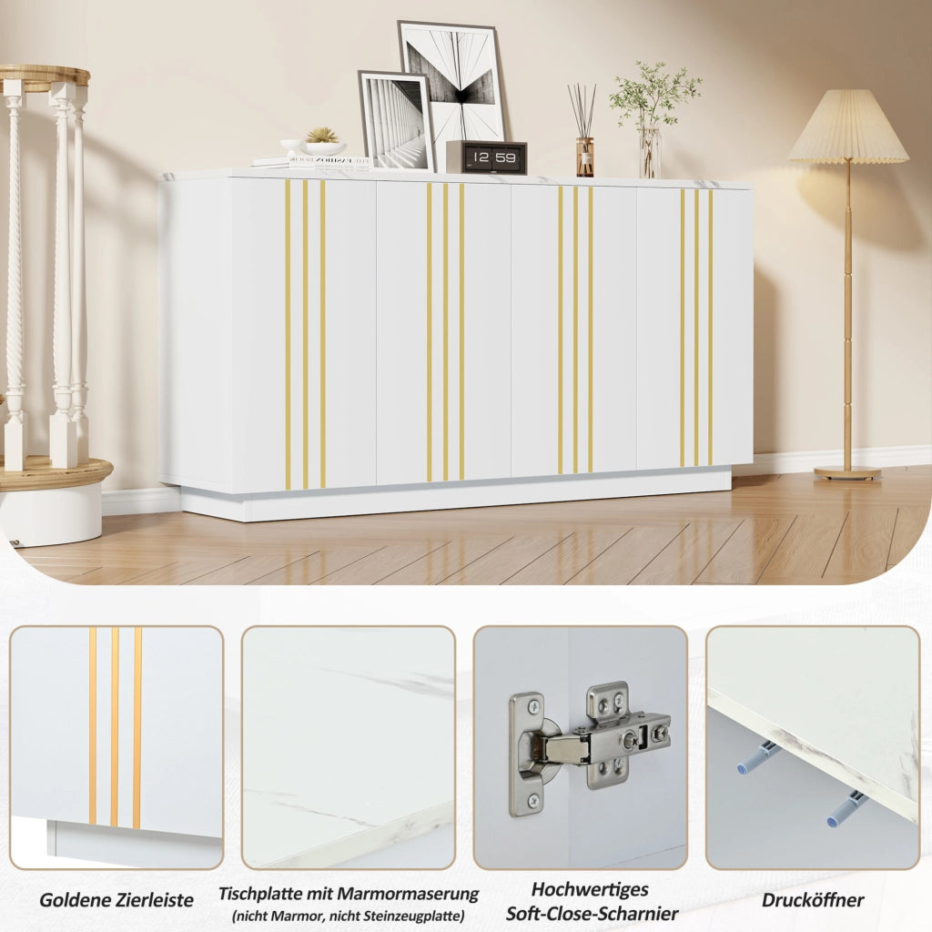 Credenza bianca e oro a 4 ante, 35 x 140 x 70 cm