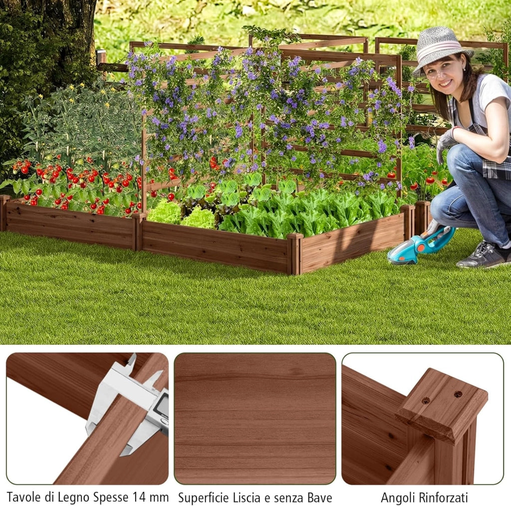Letto Rialzato da Giardino con 2 Cassoni per Piantare e 3 Tralicci, Aiuola Rialzata da Giardino in Legno per Fiori, Erbe, Verdure, Frutta e Viti Rampicanti, 222 cm x 114 cm x 110 cm (Marrone)