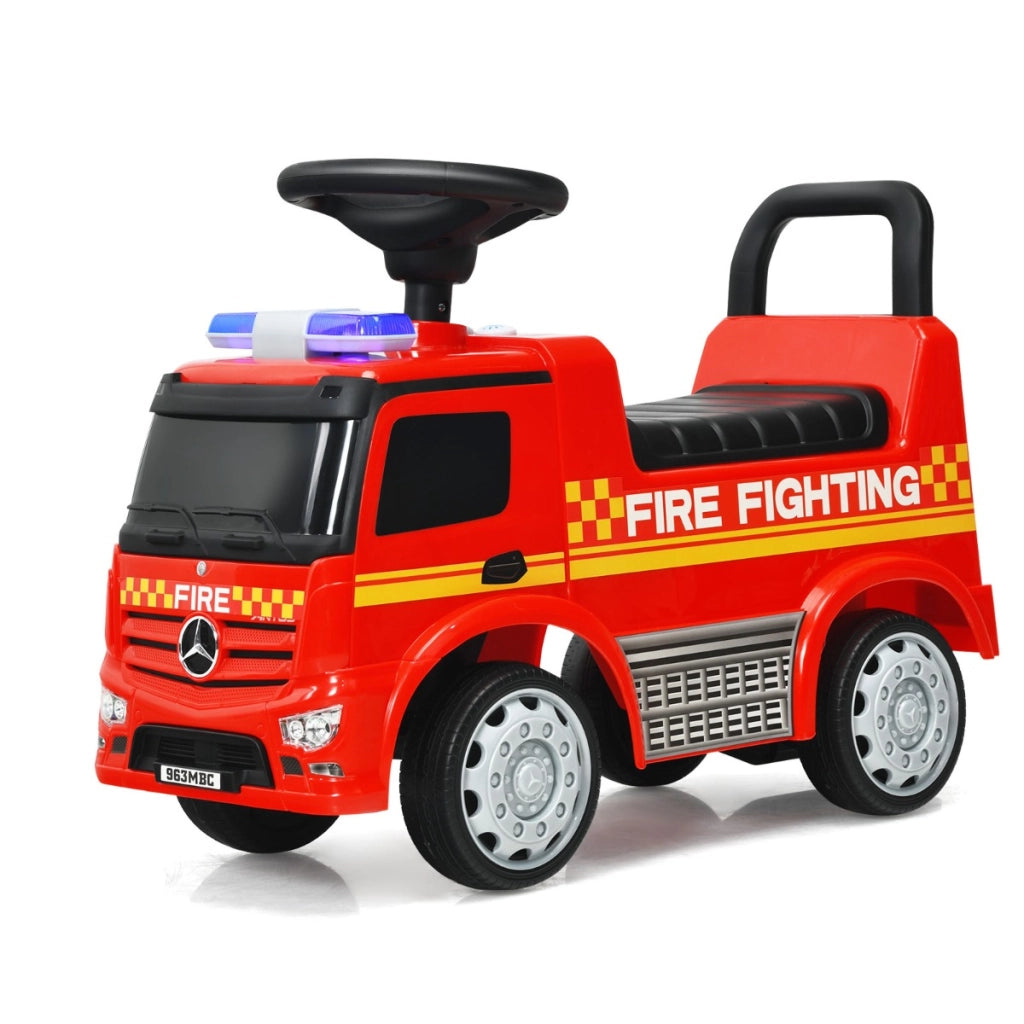 Camion dei pompieri Mercedes Benz per bambini con spazio nascosto, Macchinina a spinta e cavalcabile Rosso-Macchinine giocattoli