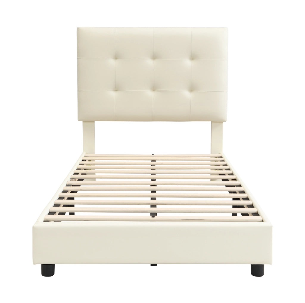 Letto imbottito 90x200 cm con testiera a biscotto; schienale morbido e bordi antiurto in PU beige