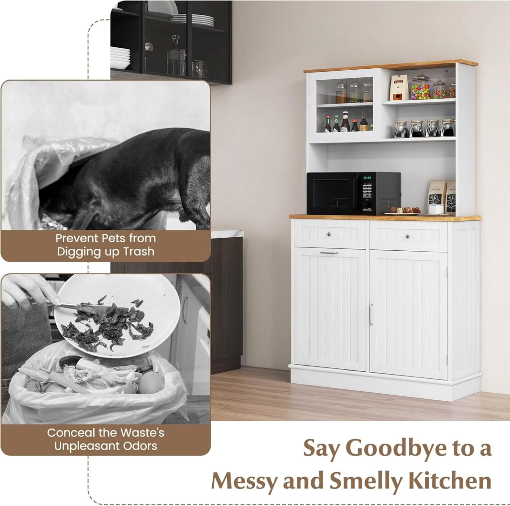 Credenza da Cucina con 3 Ante, 2 Cassetti e Pattumiera 38 L, Piano di Lavoro in Legno, 3 Ripiani Regolabili e 4 Armadi, 100 x 34 x 172 cm, Ideale per Cucina e Soggiorno (Bianco)